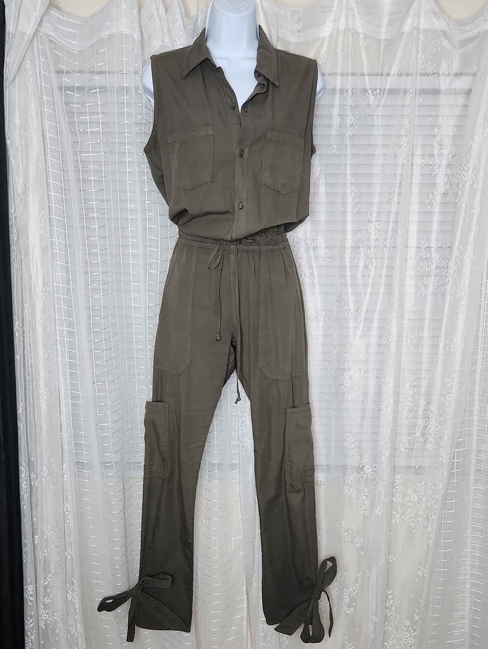 NSF Sleeveless Cargo Button-Up Drawstring Cargo Pant Jumpsuit W/ Bows SzXS